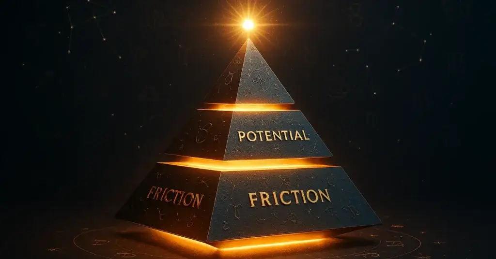 Top 5 Millionaire Indicators in Astrology visualized as a three-layer wealth audit pyramid showing potential, friction, and direction