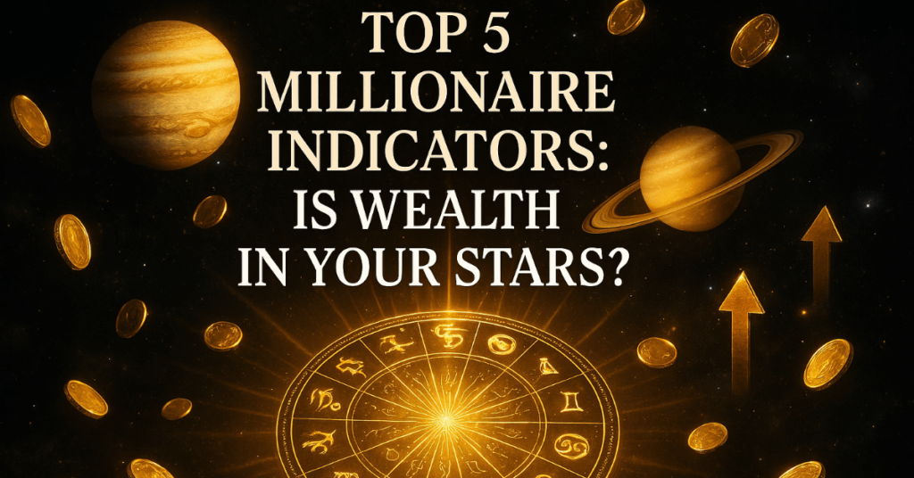 Top 5 Millionaire Indicators: Is Wealth in Your Stars featured image with bold title text, glowing zodiac wheel, and gold wealth elements