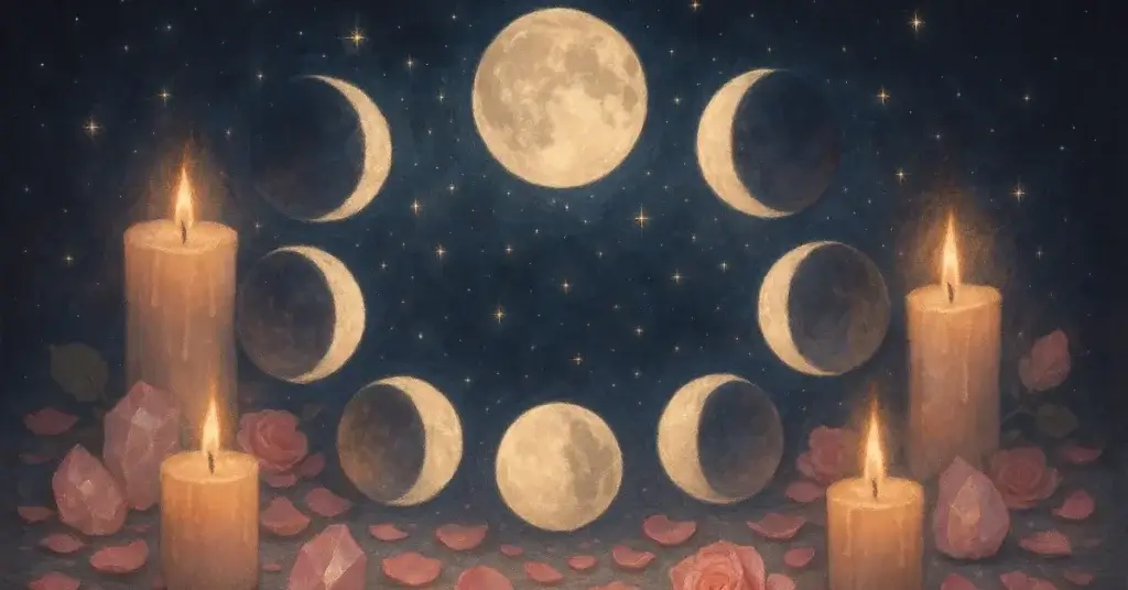 Best 15 Moon Phase Rituals to Manifest Love and Romance illustrated through the full lunar cycle with spiritual elements and romantic energy