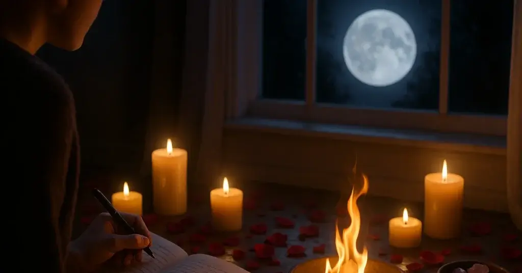 Best 15 Moon Phase Rituals to Manifest Love and Romance full moon ceremony with candles, rose quartz, and intention setting