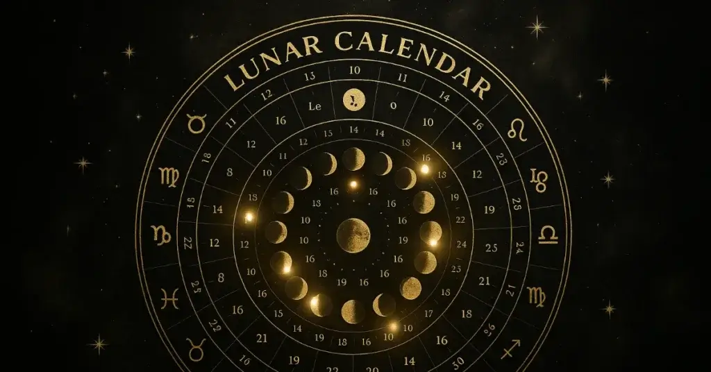 Best 10 Dates for Cutting Hair by the Moon Phase in 2026 shown on a lunar calendar with zodiac signs and highlighted optimal cutting days
