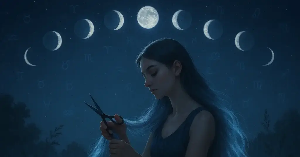 Best 10 Dates for Cutting Hair by the Moon Phase in 2026 illustrated through a moonlit hair ritual showing lunar influence on hair growth