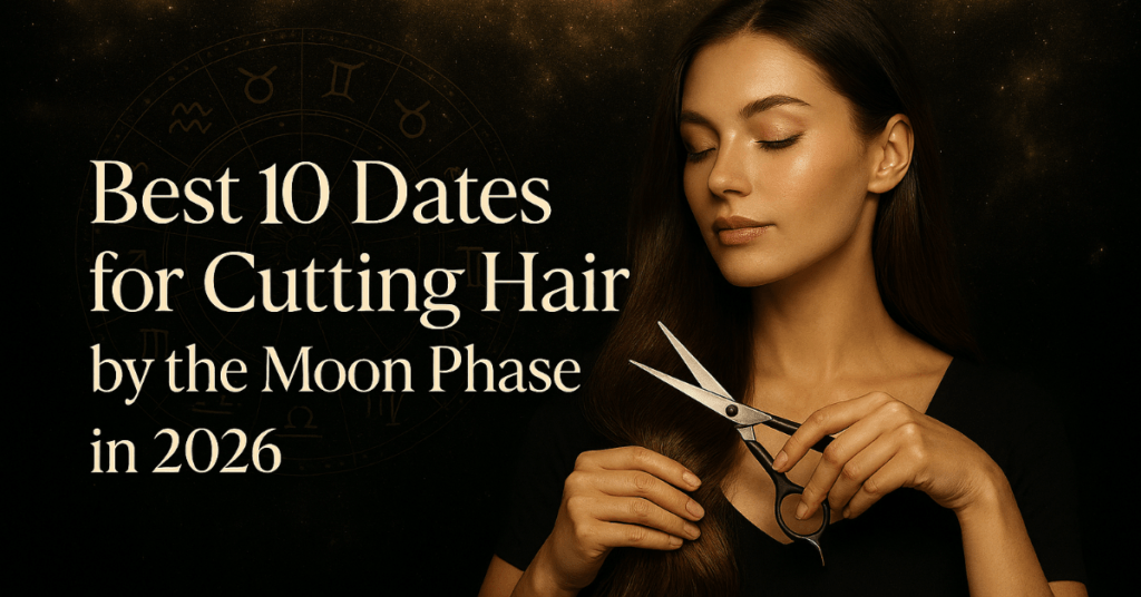 Best 10 Dates for Cutting Hair by the Moon Phase in 2026 featured image with moon phases, zodiac wheel, and glowing hair ritual concept