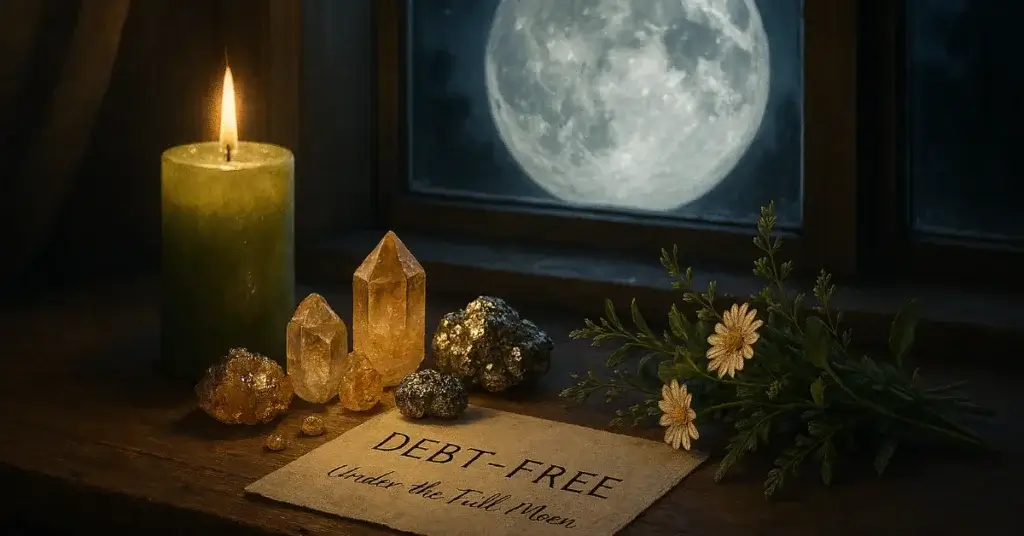 Top 5 Full Moon Rituals to Clear Financial Debt – abundance altar with candle and crystals to attract financial freedom