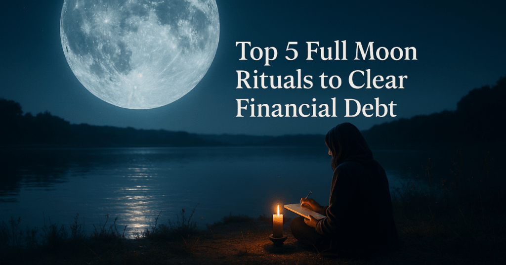 Top 5 Full Moon Rituals to Clear Financial Debt – full moon ritual scene with candle and journal for releasing money blocks