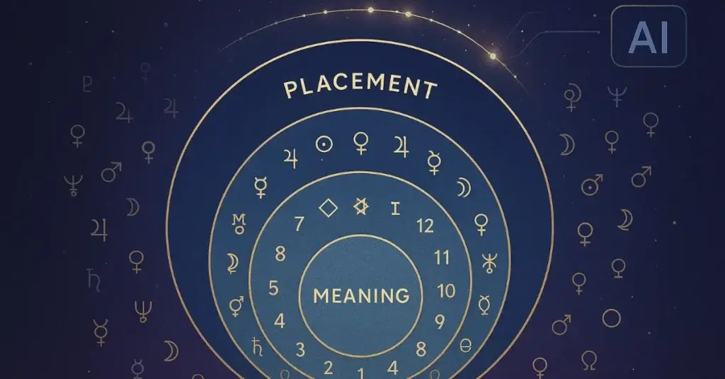 Top 20 Questions for Your AI Astrologer to Get Deep Answers explained with a visual three-layer framework of placement, relationship, and meaning