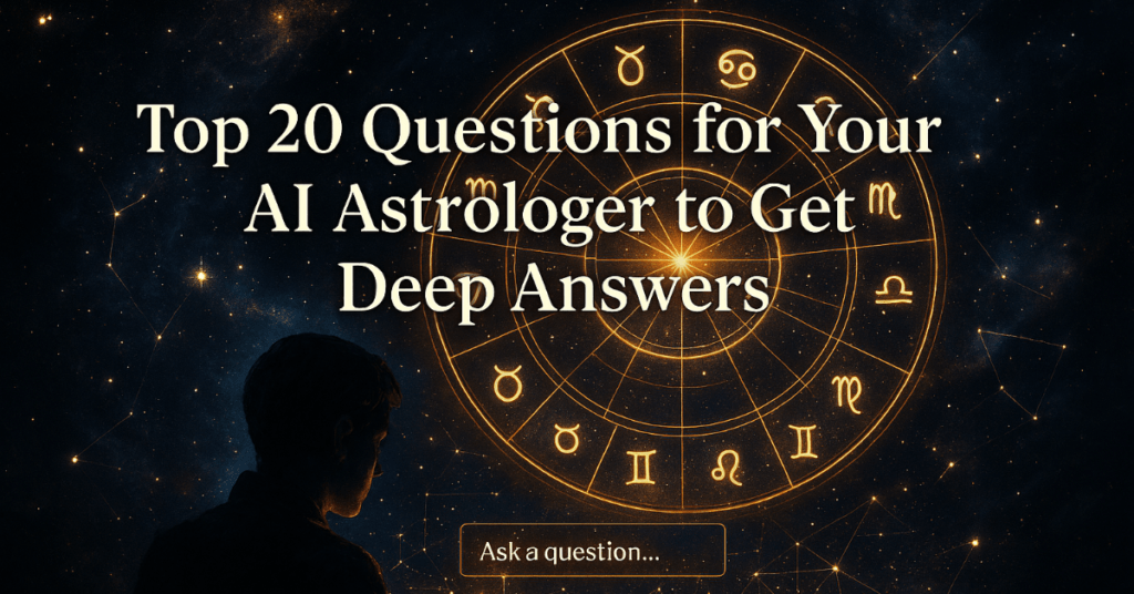 Top 20 Questions for Your AI Astrologer to Get Deep Answers featured image showing a glowing birth chart with AI interface and cosmic background